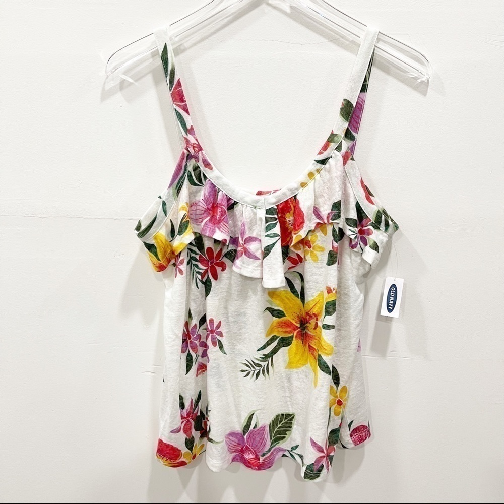 Old Navy White Floral Flounce Linen Blend Tank Top Vacation Summer New